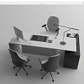Modern Office Desk with Computer Monitor Desk Lamp and Three Office Chairs