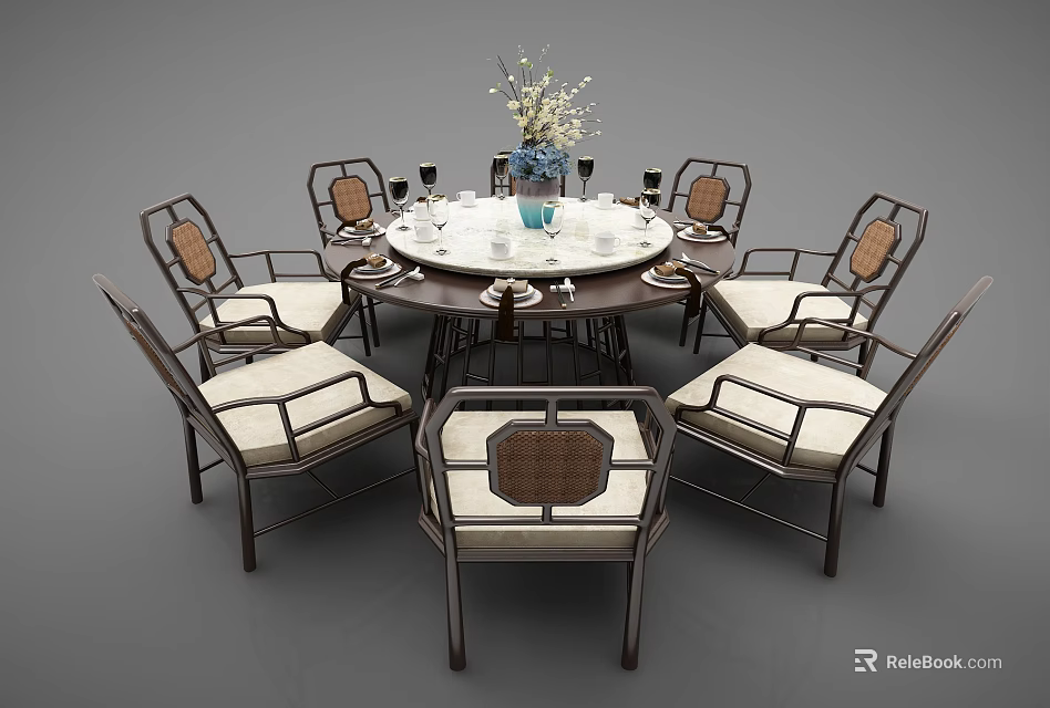 Round Dining Table Set With Woven Back Chairs Decorative Vase And Tableware 3d model