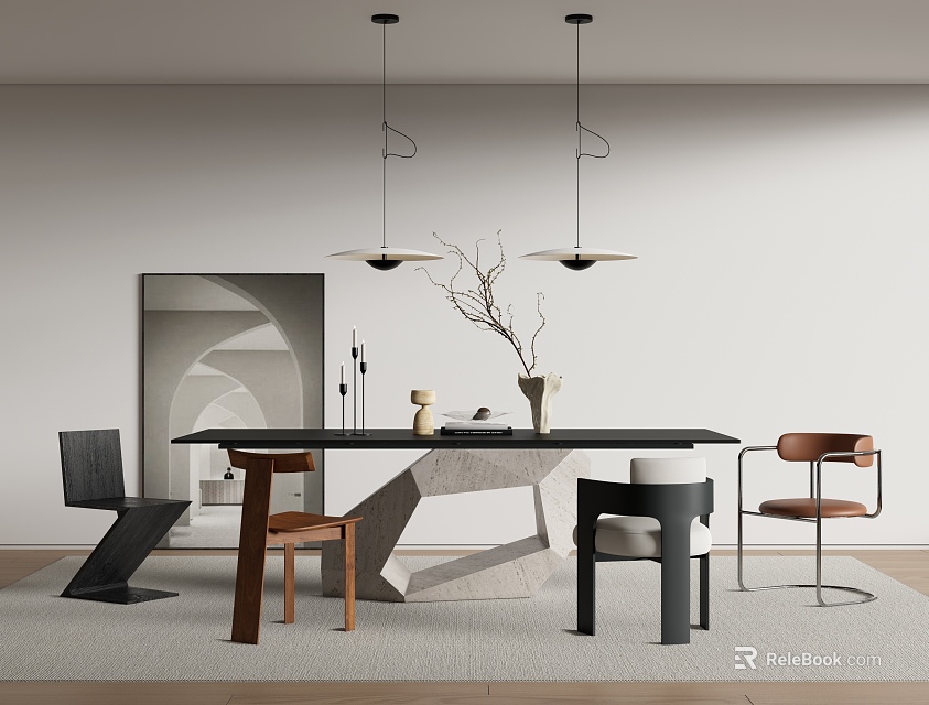 Modern Dining Table And Chairs Set With Pendant Lights And Decorative Vase 3d model 