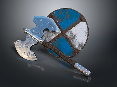 Medieval Weapons Axe and Shield Featuring Metal Blades Wooden Handle and Blue White Shield Design 3d model