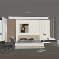Modern Bedroom Interior With Wooden Accent Wall Abstract Painting Armchair And Area Rug