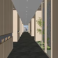 Modern Office Corridor With Wooden Walls Marble Flooring Green Plants Lighting Strips And Logo Sign