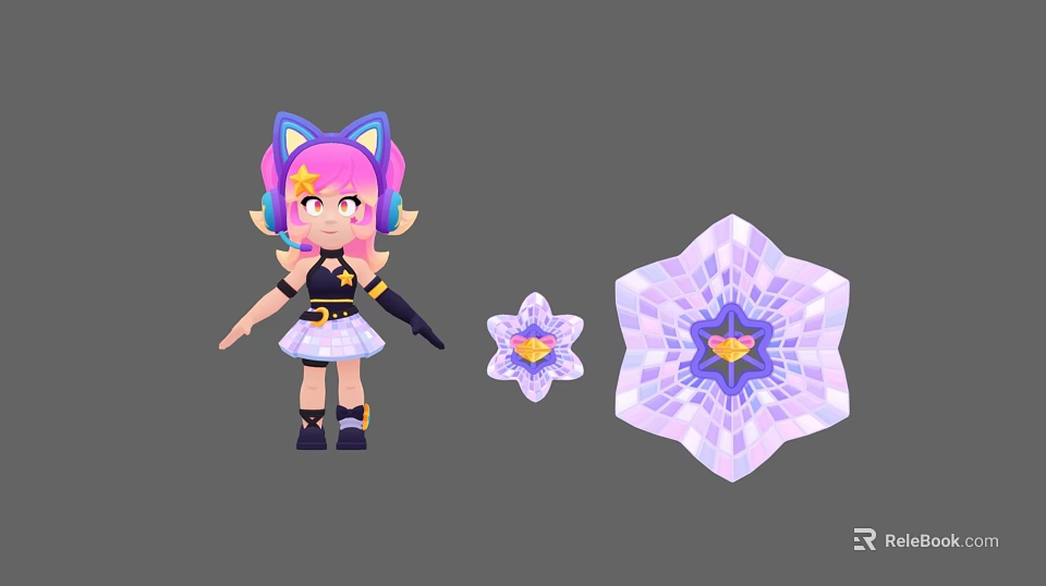 Cartoon Woman With Pink Blue Hair Star Headphones And Crystal Star Decorations 3d model 