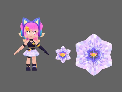 Cartoon Woman With Pink Blue Hair Star Headphones And Crystal Star Decorations 3d model