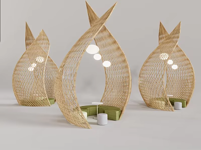 Three Woven Outdoor Sofa with Green Seats and Round Lights in Modern Outdoor Setting 3d model