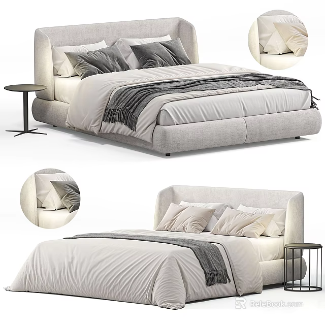 Modern Upholstered Double Bed With Soft Pillows Cozy Bedspread And Side Table 3d model 