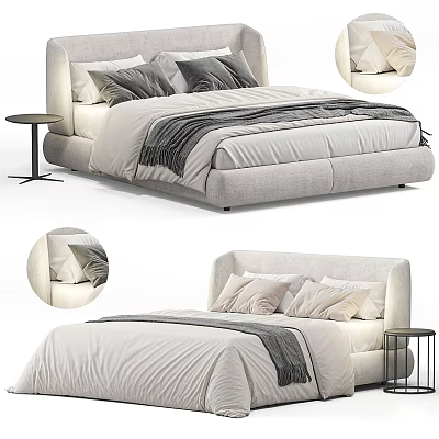 Modern Upholstered Double Bed With Soft Pillows Cozy Bedspread And Side Table 3d model