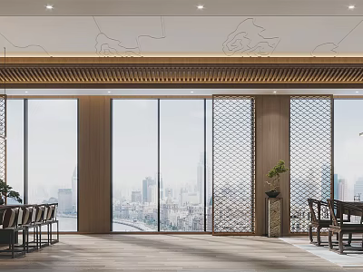 Modern Office Interior Design With Floor to Ceiling Windows Wooden Partitions And City View 3d model