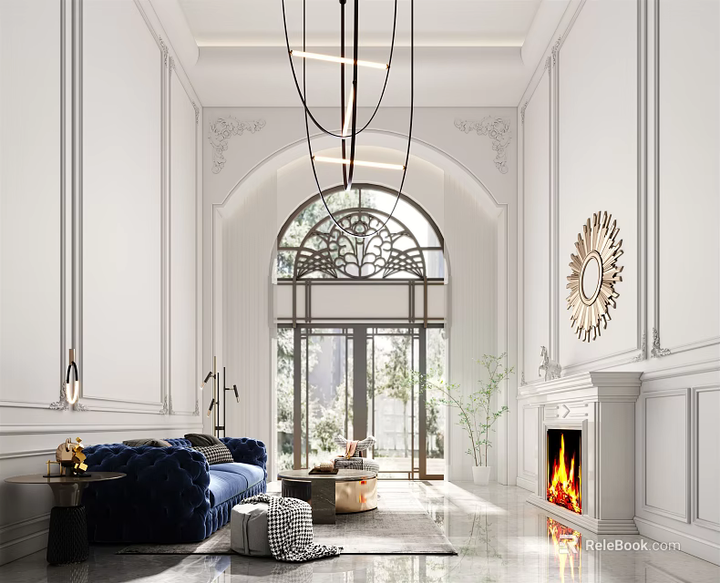 Elegant Duplex Living Room With Chandelier Sofa Fireplace And Large Window 3d model 