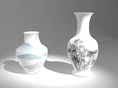 Elegant Ceramic Vases Featuring Traditional Landscape And Bamboo Patterns For Home Decor 3d model