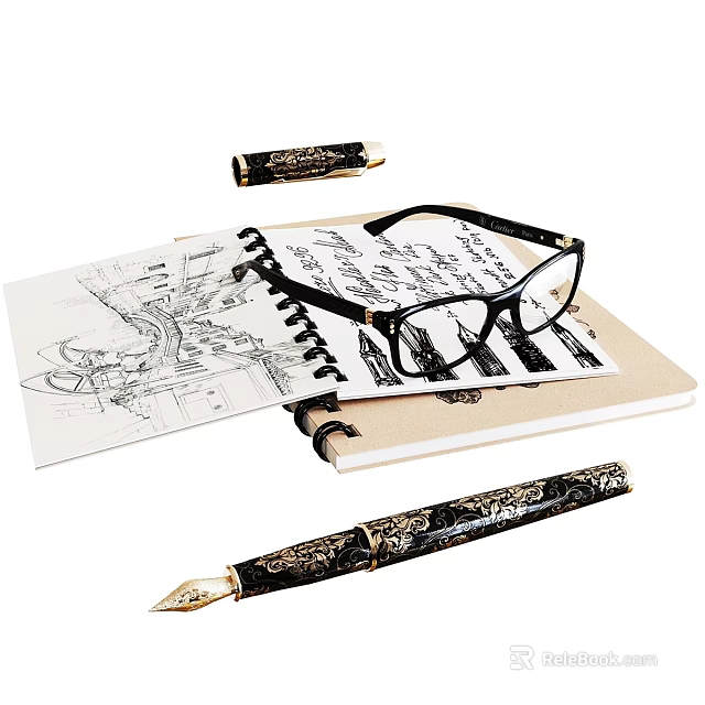 Open Notebook With Hand Drawn Sketches Eyeglasses And Decorative Fountain Pen 3d model 