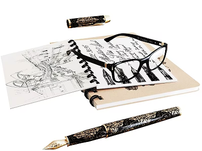 Open Notebook With Hand Drawn Sketches Eyeglasses And Decorative Fountain Pen 3d model