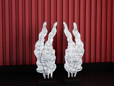 Silver Leaf Shaped Ornament Decorative Figurine Set with Red Striped Background and Black Base 3d model