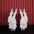 Silver Leaf Shaped Ornament Decorative Figurine Set with Red Striped Background and Black Base