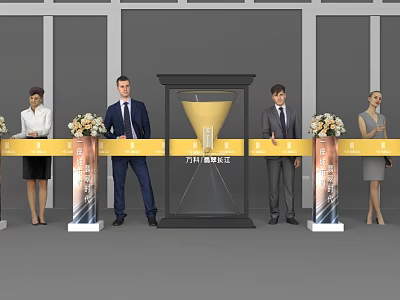 Golden Hourglass Launch Device at Formal Ceremony with People in Suits Ribbon and Flower Bouquets 3d model