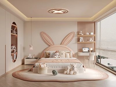 Cozy Children's Room Interior With Rabbit Ear Headboard Stuffed Toys And Round Rug 3d model