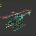 Green Toy Helicopter Model With Red Transparent Rotors And Mechanical Details