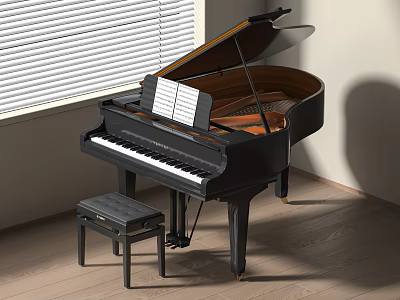 Elegant Black Grand Piano and Art Painting Tools with Stool and Sheet Music 3d model