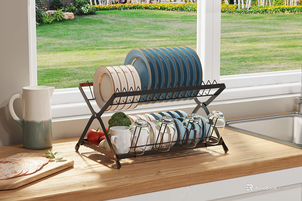 Kitchen Countertop Dish Rack With Plates Mugs And Fresh Vegetables 3d model