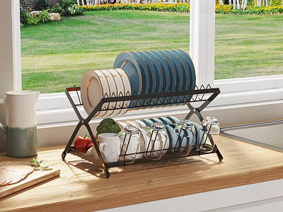 Kitchen Countertop Dish Rack With Plates Mugs And Fresh Vegetables 3d model
