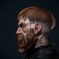 Portrait Of Man With Beard Scar And Wrinkled Face In Side Profile Wearing Dark Clothing