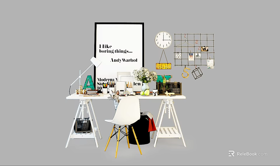 Stylish White Study Desk With Andy Warhol Print Round Clock Grid Shelf And Green Plant 3d model 