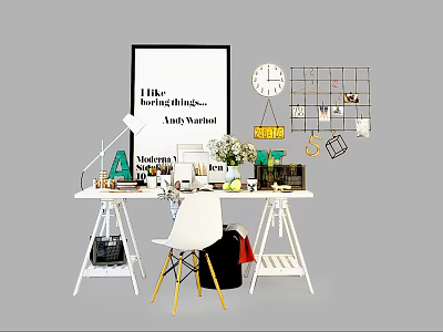 Stylish White Study Desk With Andy Warhol Print Round Clock Grid Shelf And Green Plant 3d model