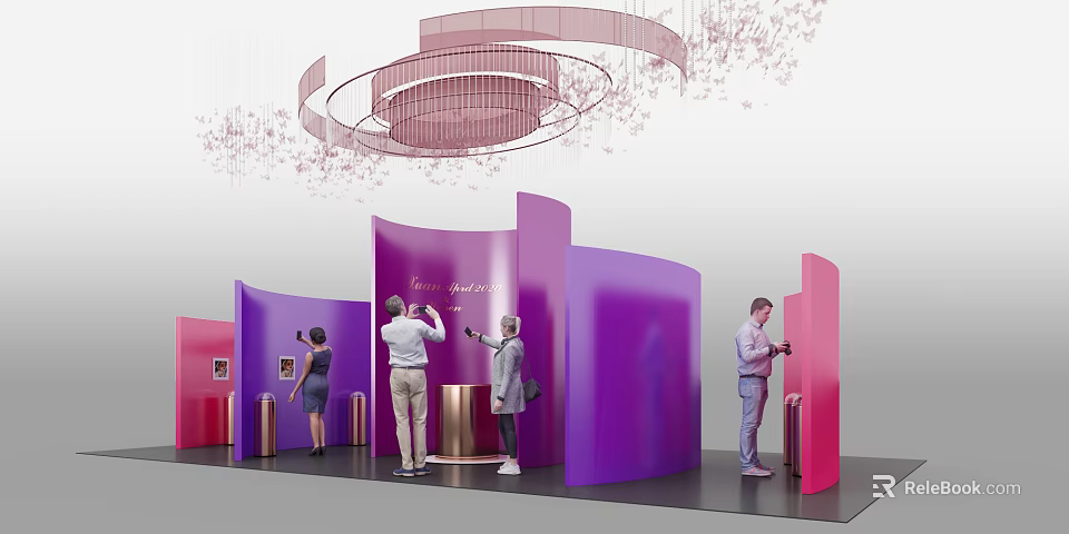 Modern Exhibition Space With Purple Pink Curved Booths People Interacting And Circular Chandelier 3d model 