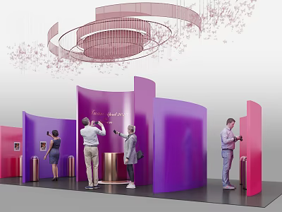Modern Exhibition Space With Purple Pink Curved Booths People Interacting And Circular Chandelier 3d model