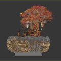 Traditional Architectural Structure In Bonsai Style With Red Orange Trees Round Base And Falling Leaves
