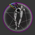 Silver Robot Sitting On Circular Platform With Colorful Neon Rings Holding Small Cube And Cables