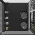 Organized Home Balcony With Black Cabinetry Stacked Washer Dryer Open Shelving And Natural Light