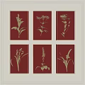 Wall Decor With Golden Plants On Red Background In Gold Frames 3d model