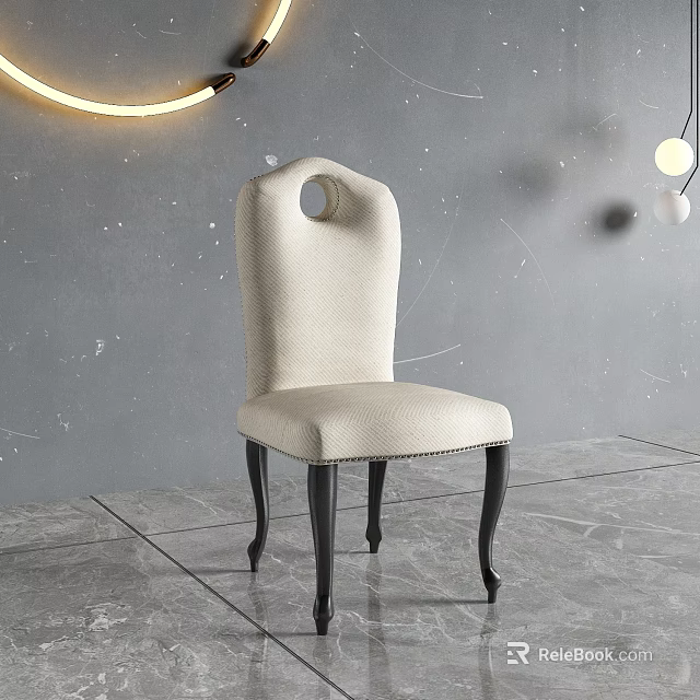 Beige Upholstered Dining Chair With Circular Backrest Cutout And Black Legs In Gray Room 3d model 