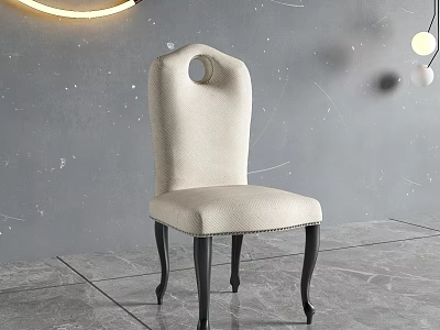 Beige Upholstered Dining Chair With Circular Backrest Cutout And Black Legs In Gray Room 3d model