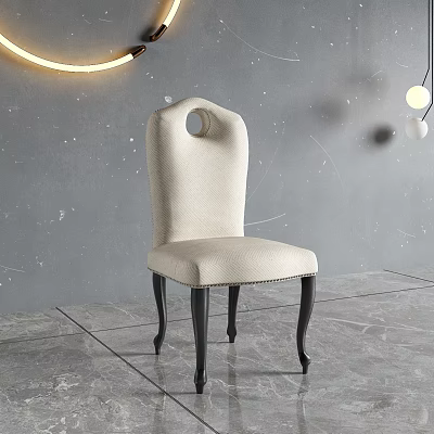 Beige Upholstered Dining Chair With Circular Backrest Cutout And Black Legs In Gray Room 3d model