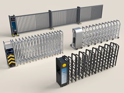 Various Metal Security Gate Systems Including Retractable Turnstiles and Electric Barriers 3d model