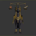 Egyptian Mythological Black Canine Deity With Golden Accents Balance Scale And Flowing Ribbons