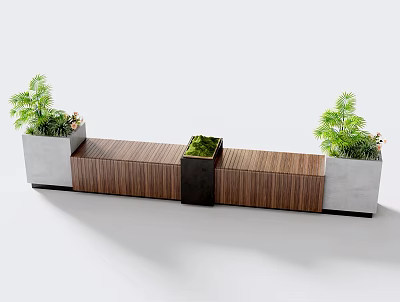 Modern Outdoor Landscape Seat With Wooden Structure Concrete Planters And Green Plants 3d model