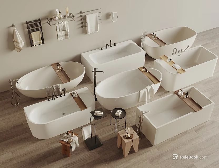 Modern Minimalist Bathroom Bathtub Designs With Freestanding Styles Wooden Trays And Towel Racks 3d model 