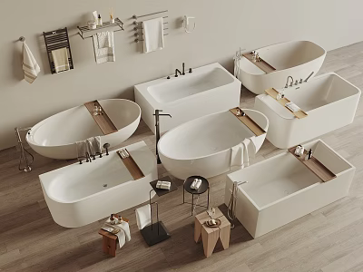 Modern Minimalist Bathroom Bathtub Designs With Freestanding Styles Wooden Trays And Towel Racks 3d model