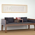 Solid Wood Luohan Bed With Dark Cushions Small Tea Table And Calligraphy Scroll 3d model