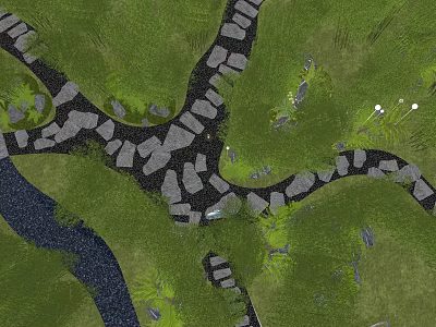 Winding Stone Path Through Lush Green Garden Landscape With Small Stream 3d model