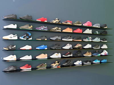 Assorted Color And Style Shoes Neatly Displayed On Multiple Wall Shelves 3d model