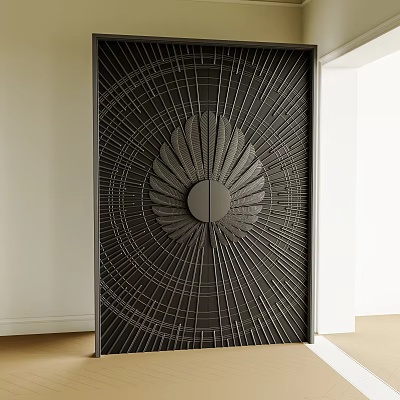 Modern Front Gate With Intricate Radial Line Pattern And Central Circular Decor 3d model