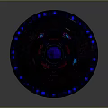 Futuristic Flame Shaped Structure With Circular Base Blue Purple Lights And Black Chain Details