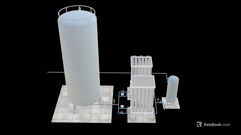 Industrial Equipment System With Tall Cylindrical Tank Rectangular Units Base Platform And Connecting Pipes 3d model 