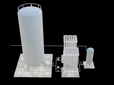 Industrial Equipment System With Tall Cylindrical Tank Rectangular Units Base Platform And Connecting Pipes 3d model