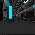 Modern Japanese Restaurant Interior With Stylish Blue Lighting And Wooden Dining Tables