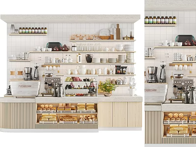 Stylish Coffee Shop Interior With Coffee Machine Pastry Display And Shelf Decorations 3d model